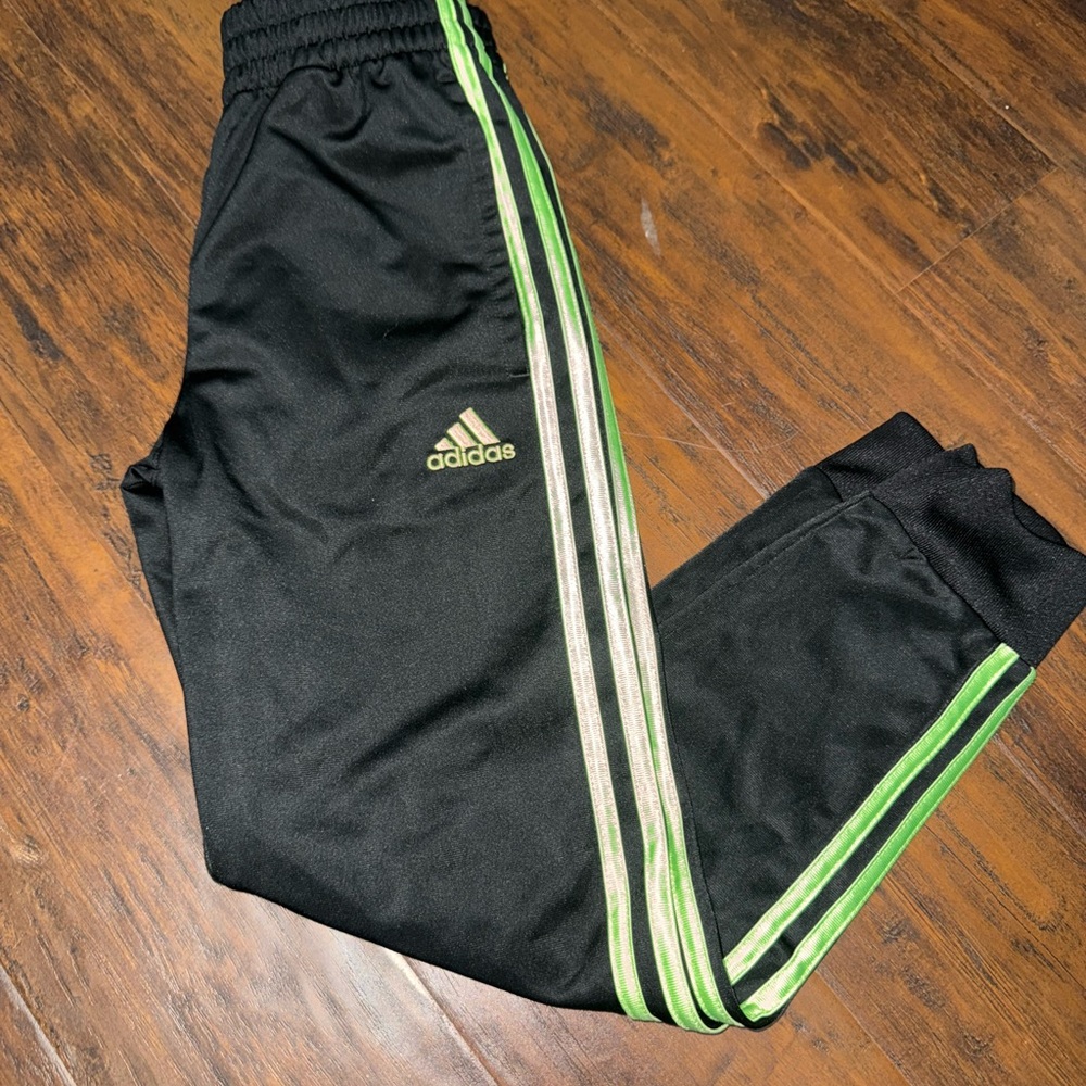Adidas Black and Green Joggers with Three-Stripe Design youth size small (8)